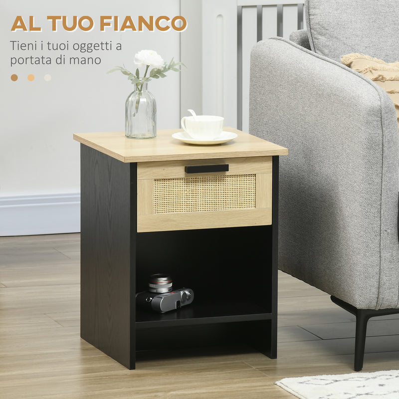 Comodino 1 Cassetto 1 Ripiano 40x40x50 cm in Legno e Rattan Nero e Naturale
