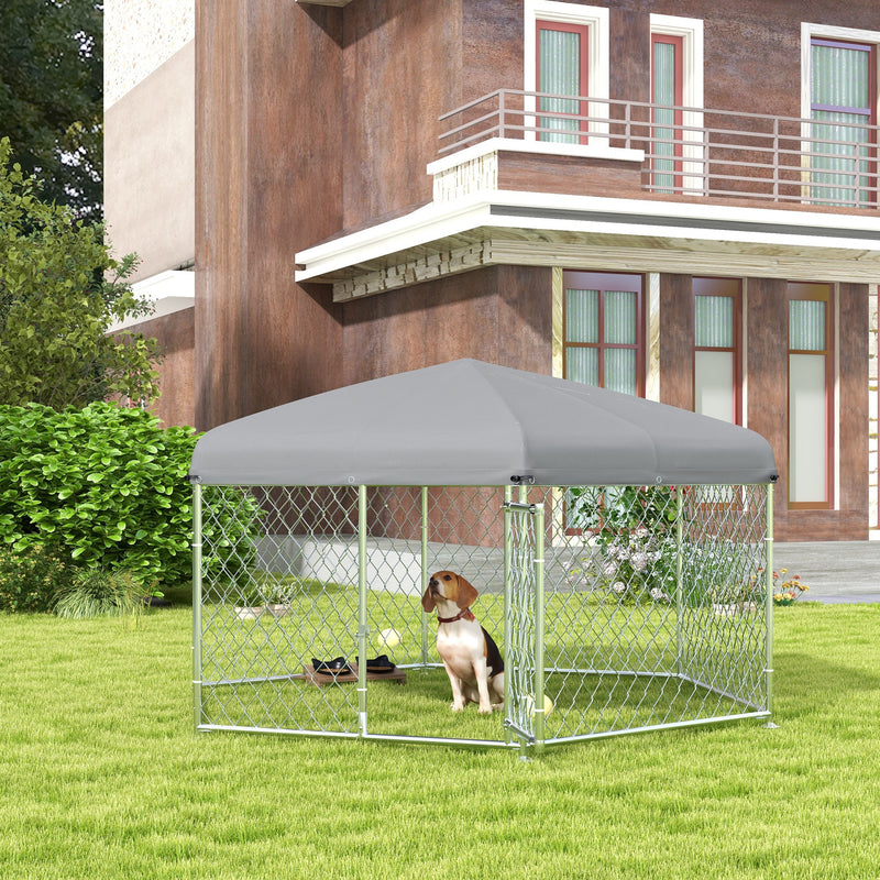 Recinto per Cani Taglia Grande 2,1x1,85x1,5m Tetto in Tessuto Oxford Anti UV Argento e Grigio
