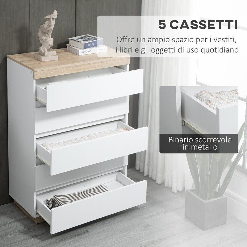 Cassettiera 5 Cassetti Design Minimal 80x40x109 cm Bianco e color Rovere  