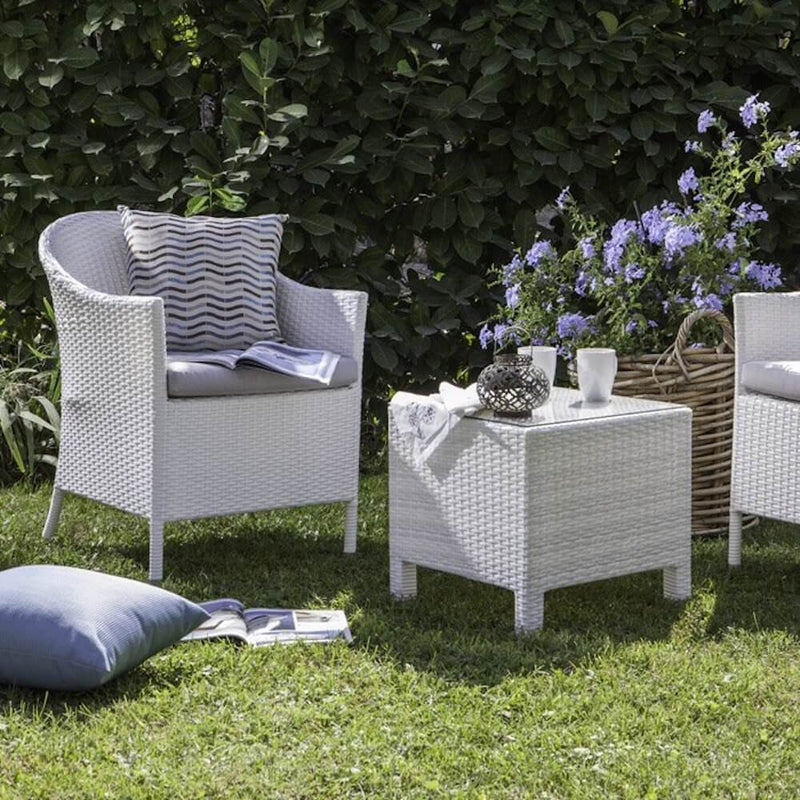 Set Salotto da Giardino Tavolo 2 Poltrone in Polyrattan Bianco Bertozzi Letizia