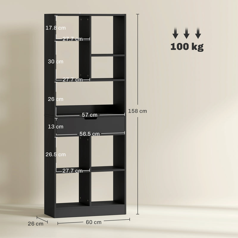 Libreria Moderna 60x26x158 cm con Cassetto Centrale e Kit Antiribaltamento in Legno Nero      