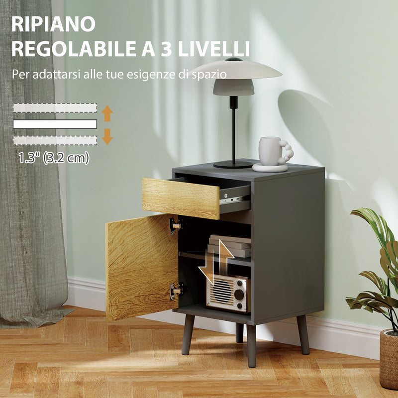 Comodino Moderno 40x39x69 cm con Cassetto e Armadietto in Truciolare Senza Maniglie Grigio Scuro e Legno  