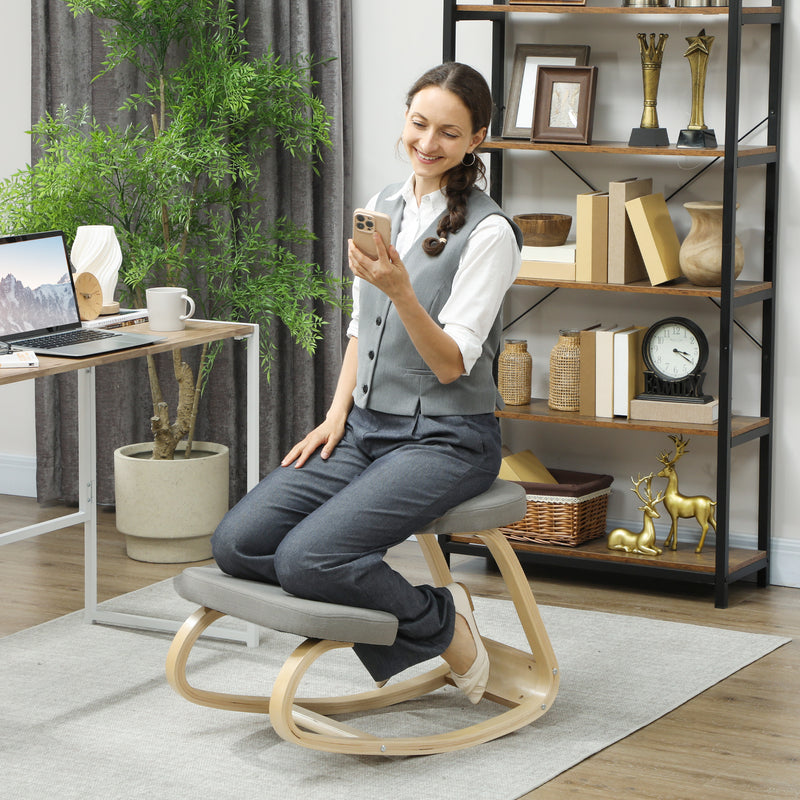 Sedia Ergonomica con Inginocchiatoio 50x73x55 cm Movimento a Dondolo in Legno di Betulla Grigio 