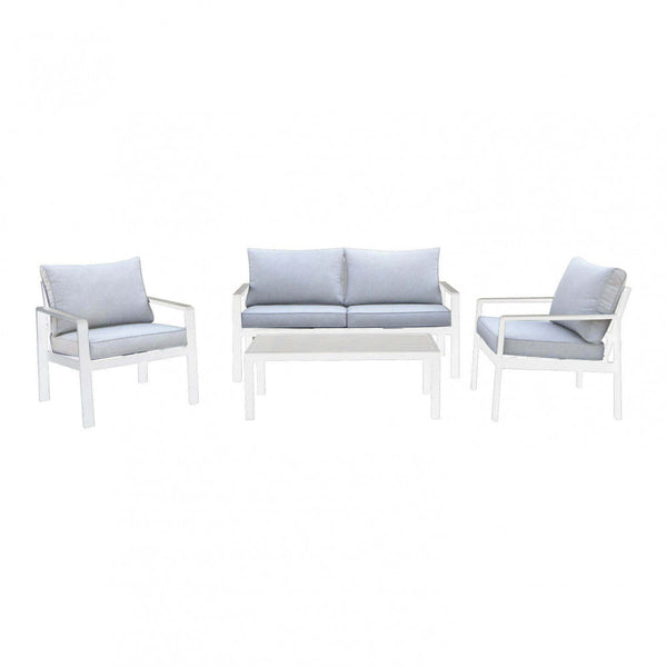 Salon de jardin canapé 2 fauteuils et table basse avec coussins en aluminium blanc online