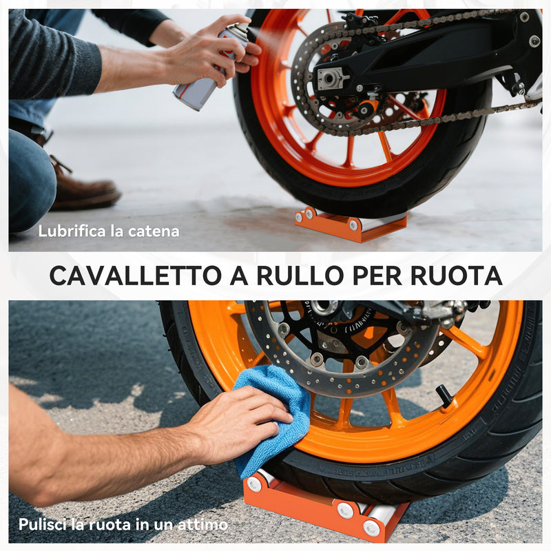 Cavalletto per Moto 15x11,5x4 cm con Sostegno Antiscivolo e 3 Rulli in Acciaio e Alluminio Arancione  