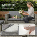 Set 6 Pezzi da Esterno con Divano 2 Sedie Tavolino con Piano in Vetro e 2 Pouf in Rattan Grigio Scuro      