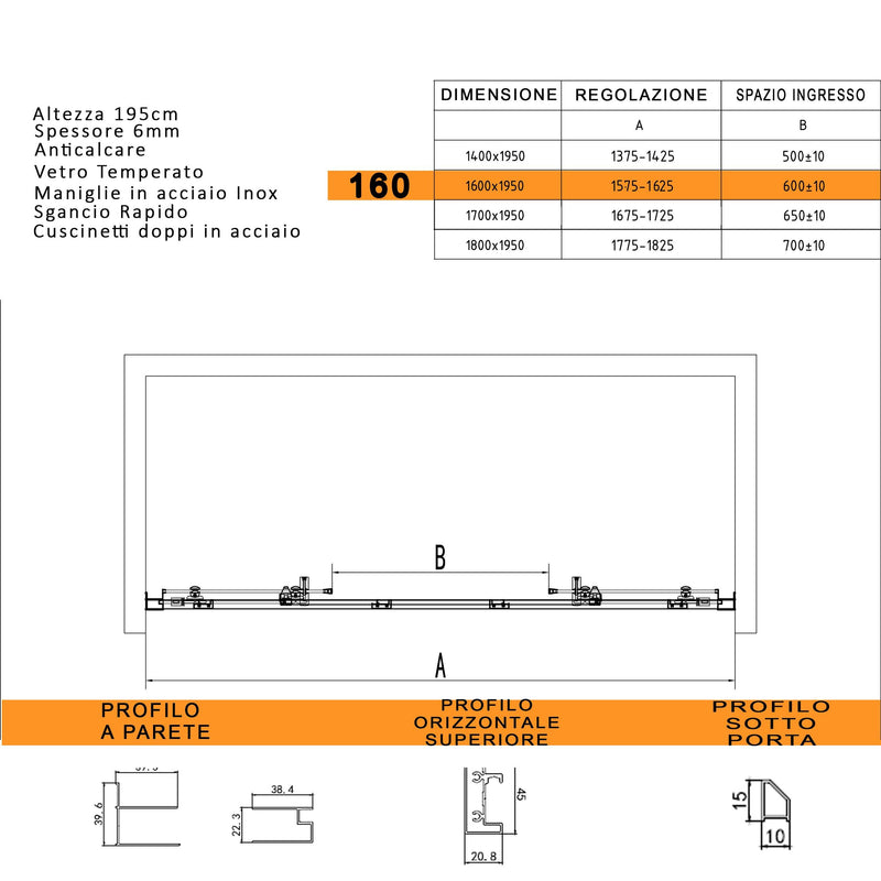Porta Parete Doccia 2 Ante Scorrevoli in Cristallo Trasparente 6mm H195 Bonussi Vivian Varie Misure