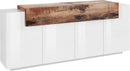 Credenza 4 Ante Battenti + 1 Anta a Ribalta 200x45x85,5 cm Coro Bianco Lucido e Acero Pereira
