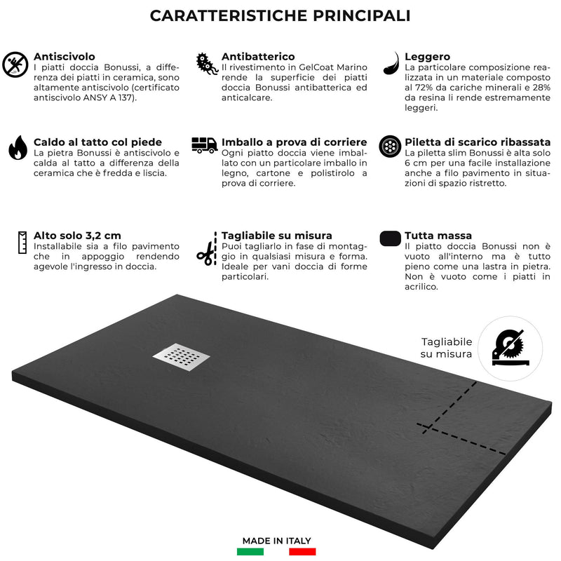 Piatto Doccia in Pietra Bonussi Ardesia Stone Side Grigio Antracite Varie Misure