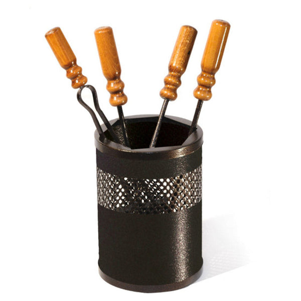 Ensemble de cheminée 4 pièces en fer forgé avec poignées en bois et panier acquista