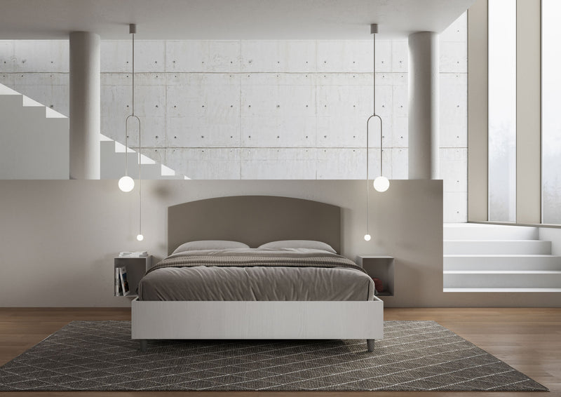 Letto Matrimoniale con Rete e Contenitore Alzata Comoda Struttura Bianco Frassico e Testata in Similpelle Antilia Cappuccino Varie Misure