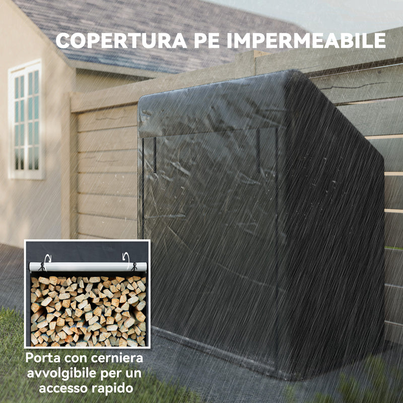 Portalegna da Esterno 100x60x110 cm in Acciaio Rinforzato con Copertura Impermeabile Nero      