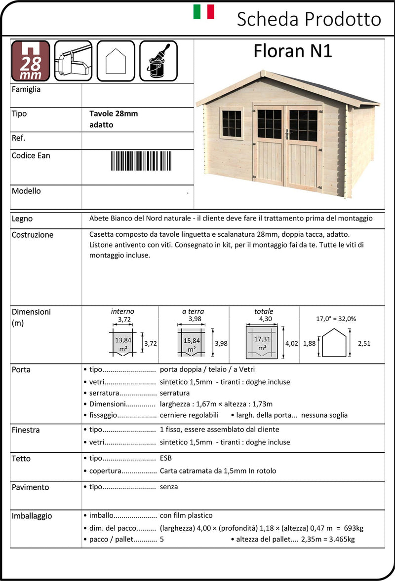 Casetta Box da Giardino per Attrezzi 4,27x4,15m Senza Pavimento in Legno Abete 28mm Floran N1