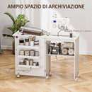 Mobile per Macchina da Cucire Pieghevole con Piano Ampio 3 Contenitori Mensola Inferiore e Ruote in Pannello di Particelle Bianco      