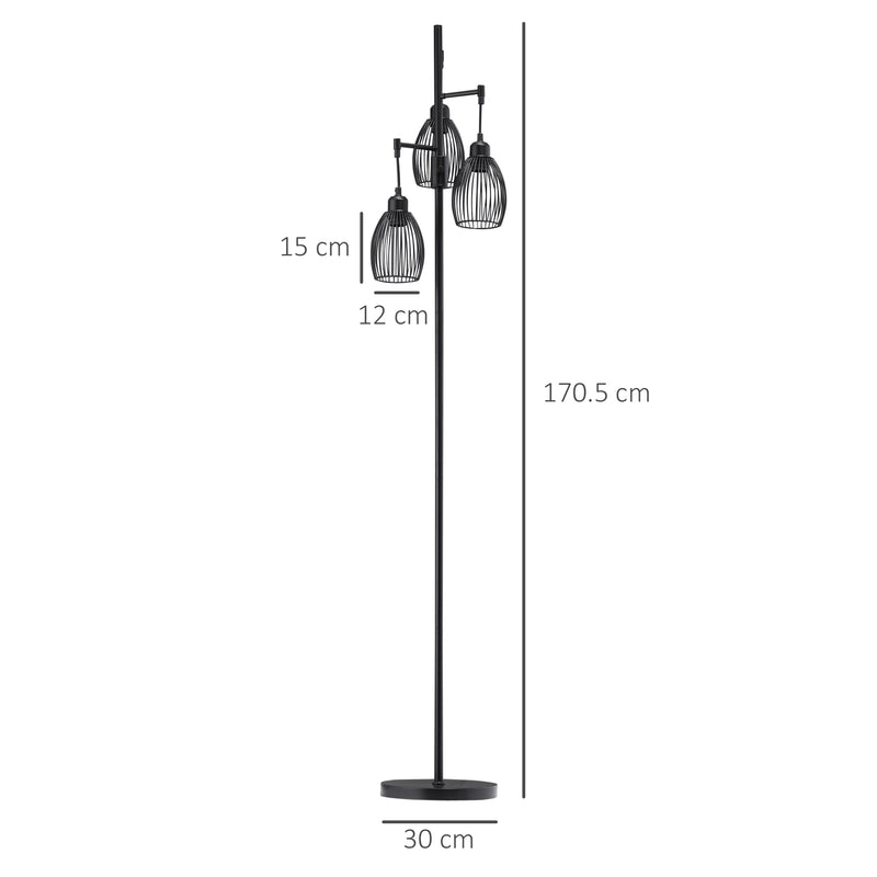 Lampada da Terra Industriale 30x30x170.5 cm con 3 Paralumi e Intensità Regolabile in Acciaio Nero      