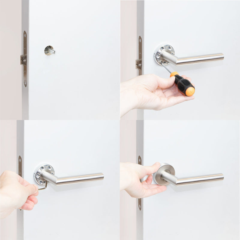 Maniglie per Porta da Interno con Rosetta Ø53 mm Modello L Recta Acciaio Nickel Satinato. Emuca