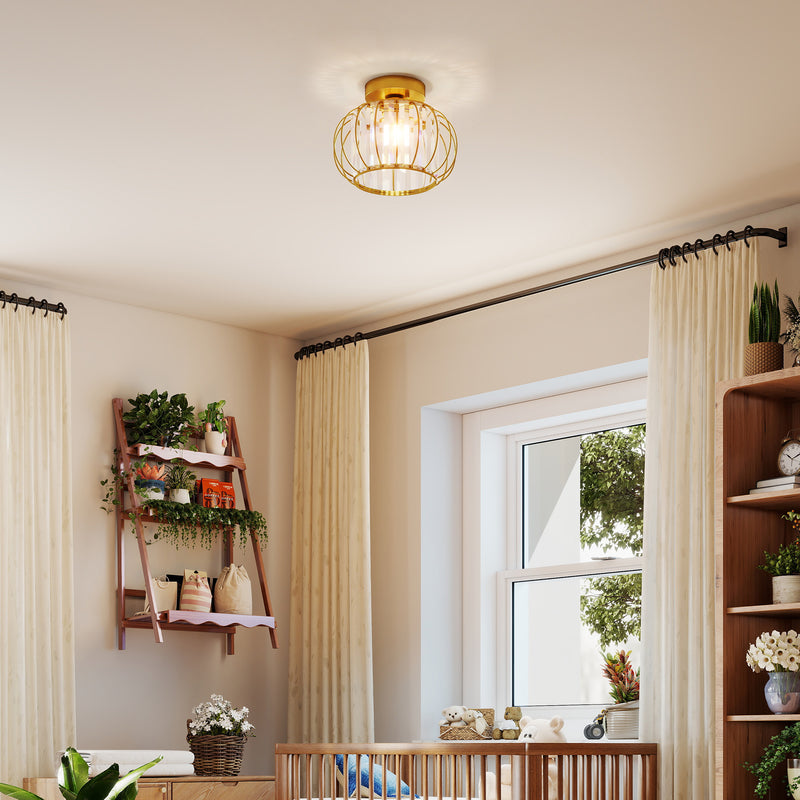 Plafoniera LED Moderna Design a Gabbia Ø27x19 cm con 18 Cristalli Struttura in Metallo Oro  