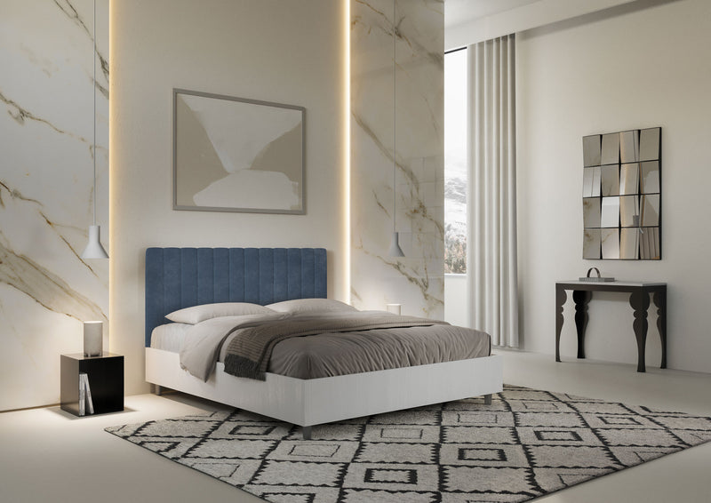 Letto Matrimoniale con Rete e Contenitore Alzata Comoda Struttura Bianco Frassico e Testata in Microfibra Kaia Blu Varie Misure