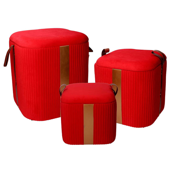 acquista Lot de 3 Poufs de Rangement en Tissu Velours Rouge