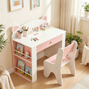 Set Tavolo per Bambini 3-8 Anni 80x41,2x74,5 cm con Sedia e Librerie Laterali Tema Volpe in Truciolato e MDF Bianco      