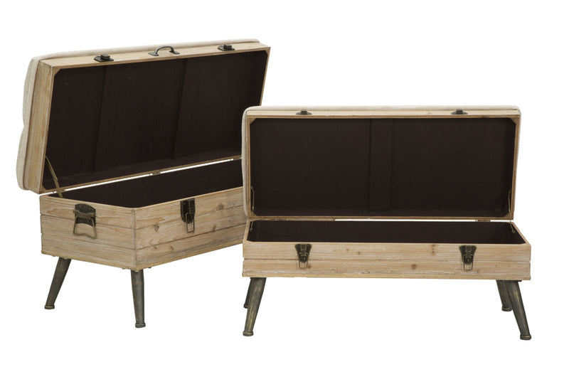 Set 2 Pouf Contenitore Tirana Coppia 102x43,5x49,5 - 82x36x37 cm in Legno e Ferro 