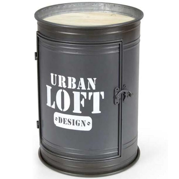 online Tavolino Contenitore Bidone Tondo Struttura in Metallo Grigio e Ripiani in Legno