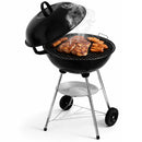 Barbecue Carbone Rotondo Ø44 cm con Ruote e Vassoio Griglia in Acciaio Nero e Argento      