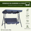 Dondolo da Giardino 3 Posti con Tettuccio Parasole Inclinabile in Tessuto di Poliestere Grigio 