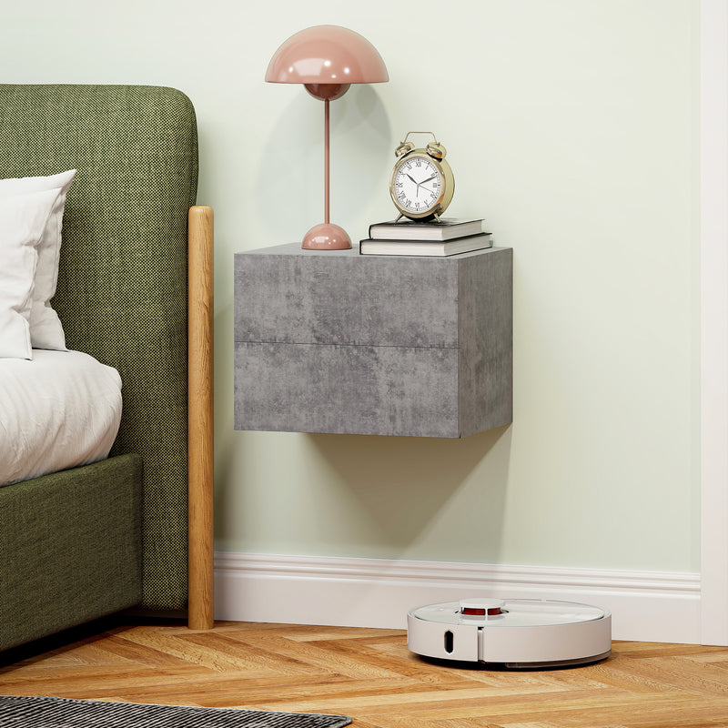 Set di 2 Comodini Sospesi Design Moderno 40x29x30 cm con 2 Cassetti Grigio Cemento 