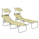Set 2 Sdraio da Giardino 187x58x36 cm Pieghevoli con Schienale e Tettuccio Regolabili Beige      