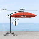 Ombrellone a Sbalzo 260x304x245 cm Base a Croce in Metallo e Poliestere Rosso Ruggine  