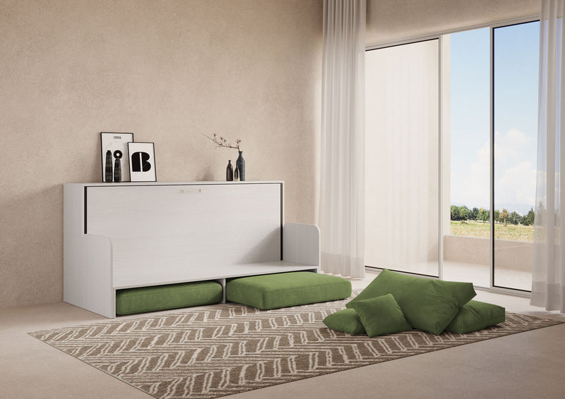 Letto Singolo A Scomparsa Kando Con Divano Con Materasso Bianco Frassino e Verde      