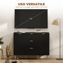 Credenza Moderna Canettata 120x40x89,5 cm con 3 Cassetti 2 Armadietti e Ripiani Regolabili Legno e Metallo Nero      
