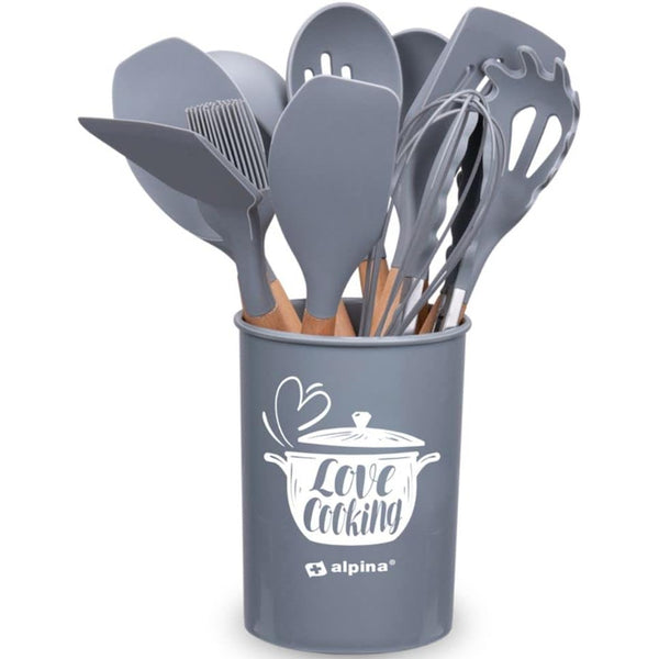sconto Set 12 Utensili da Cucina con Supporto in Silicone e Manico Legno Grigio