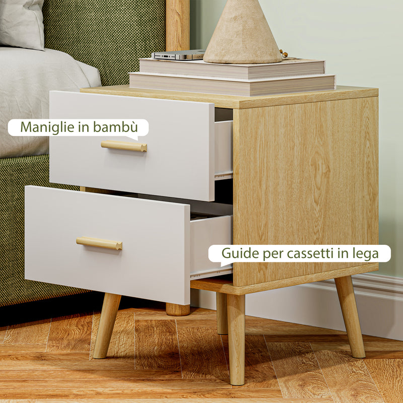 Comodino in Stile Scandinavo 40x40x50 cm con 2 Cassetti in Legno Bianco 