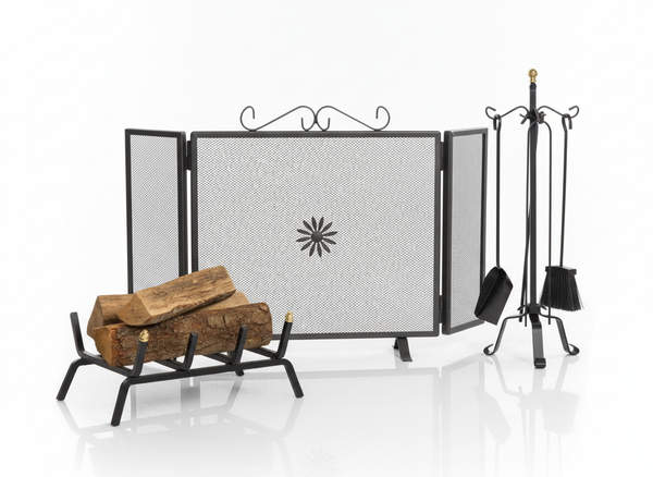 Ensemble de foyer à bois 3 pièces avec pare-feu Bauer Roccaraso et porte-bûches sconto