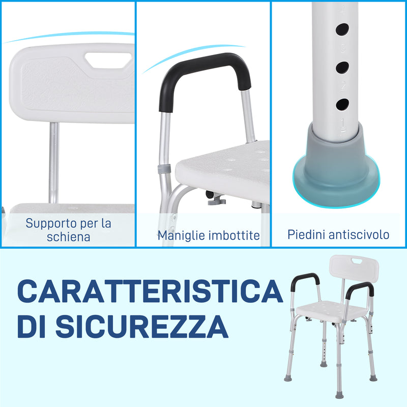 Sedia per Doccia 51,5x51,5x71-84 cm Altezza Regolabile e Piedini Antiscivolo in Alluminio Bianco  