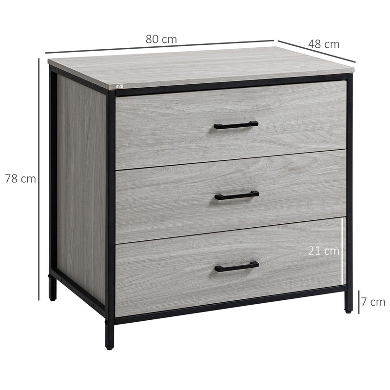 Cassettiera 3 Cassetti 80x48x78 cm in Legno e Acciaio Grigio Chiaro