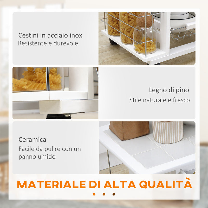 Carrello da Cucina con Ripiani e Cassetto Piano di Lavoro in Ceramica 57x37x83 cm   