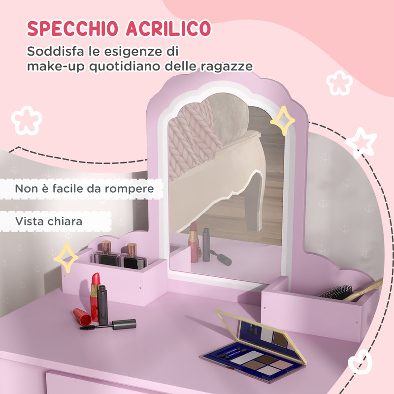 Set Toeletta per Bambina con Specchio in Acrilico e Sgabello Abbinato in Legno Rosa      
