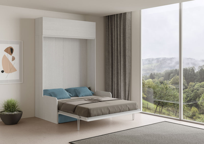 Letto Matrimoniale A Scomparsa 160 Kentaro Con Divano E Pensile Bianco Frassino e Azzurro      