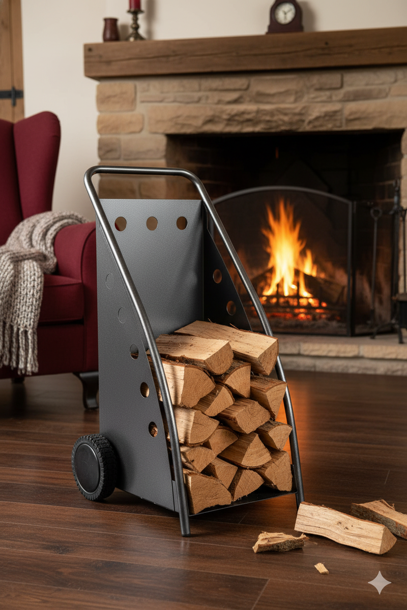 Portalegna per Camino 47x49x90cm in Ferro Verniciato Grigio Martellato