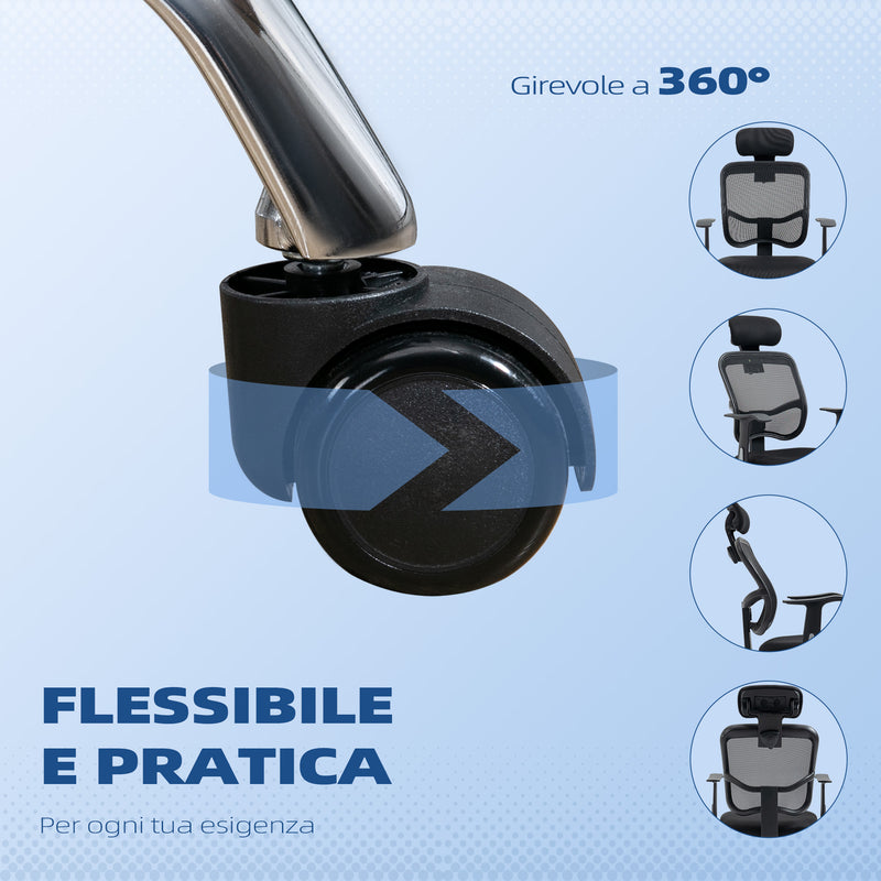 Sedia da Ufficio Ergonomica con Poggiatesta 63x62x106-114 cm in Poliestere e Acciaio Nero  