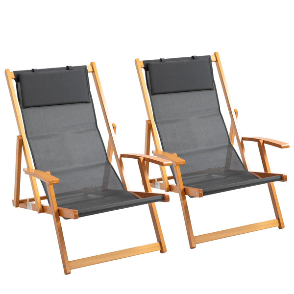 sconto Lot de 2 transats de jardin pliants en bois et tissu résille gris