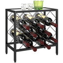 Portabottiglie Vini per 10 Bottiglie 41x22x41 cm con Piano d'Appoggio in Vetro in Acciaio Nero  