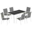 Set 7 Pezzi Pranzo da Giardino con Tavolo Rettangolare 150x90x72 cm e 6 Sedie Impilabili in Metallo e Texteline Grigio      