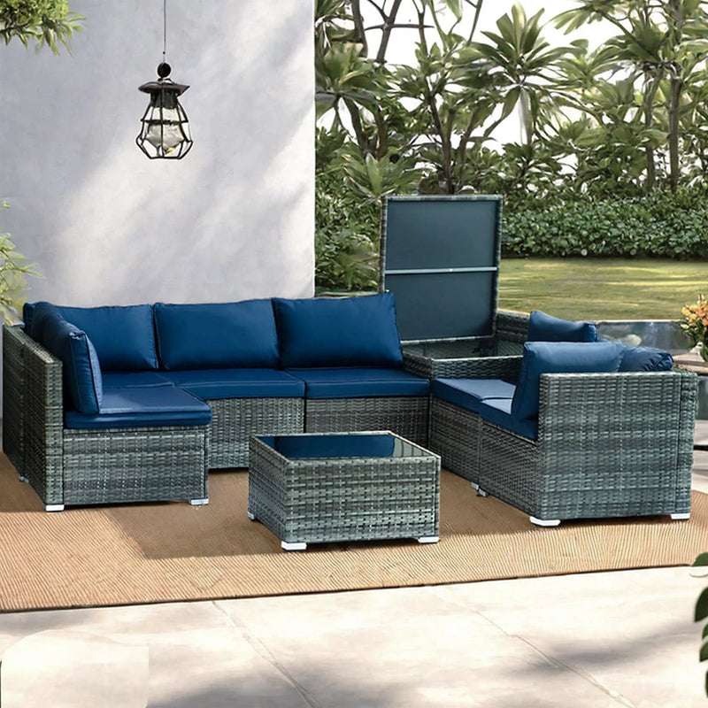 Set Salotto da Giardino per Patio 8 Pezzi Tavolo con Piano in Vetro in Polyrattan Blu      