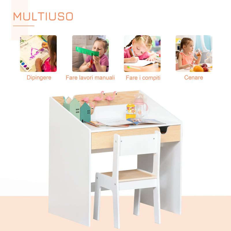 Set Scrivania e Sedia per Bambini con Cassetto e Scaffale in MDF Bianco e Legno      