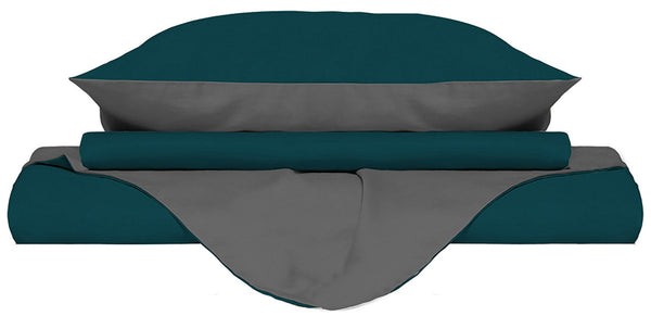 online Housse de couette avec sac et taies d'oreiller réversible vert pétrole/fumée différentes tailles