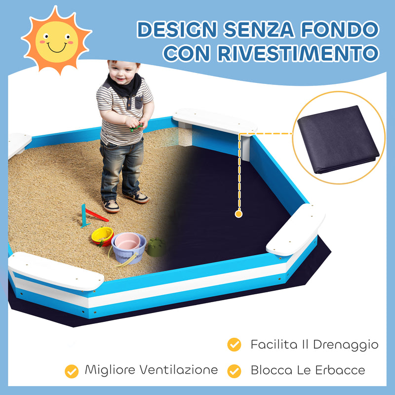 Sabbiera per Bambini 133x133x16 cm con 4 Sedute Angolari in Legno Blu e Bianco  